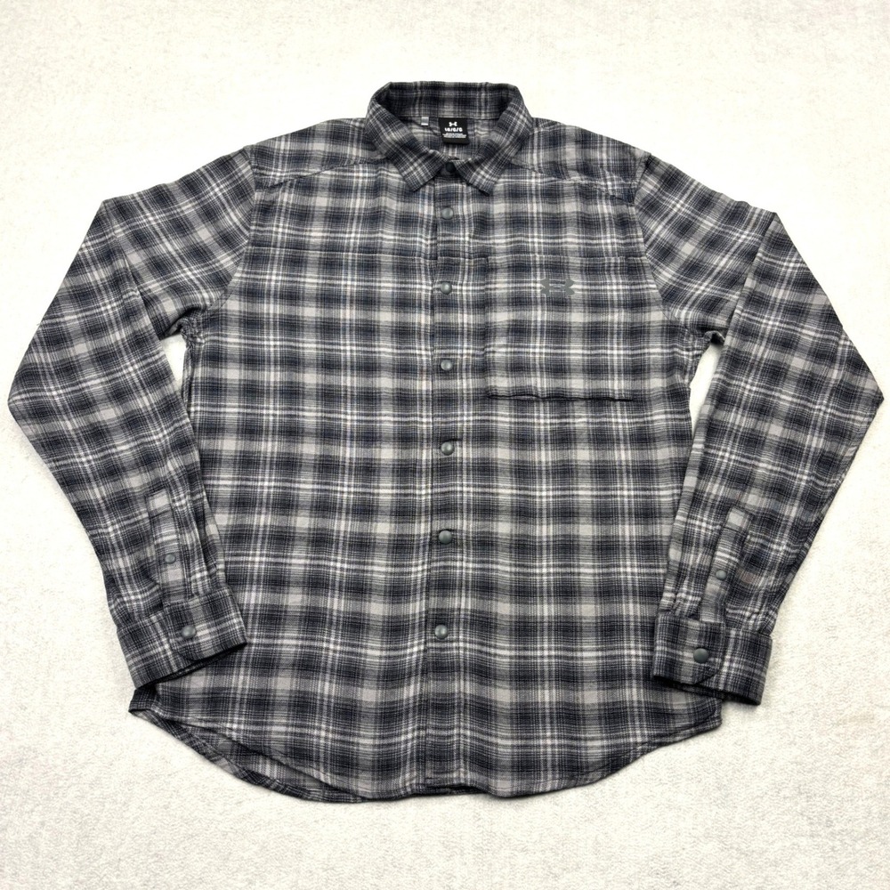 Under Armour Mens Large Black Gray Plaid Tradesman Stretch Snap Flannel Shirt L